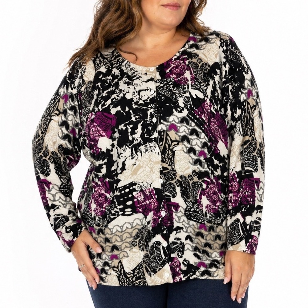 CJ Banks Womens 2X Cardigan Button Sweater Black Purple White Cotton Knit